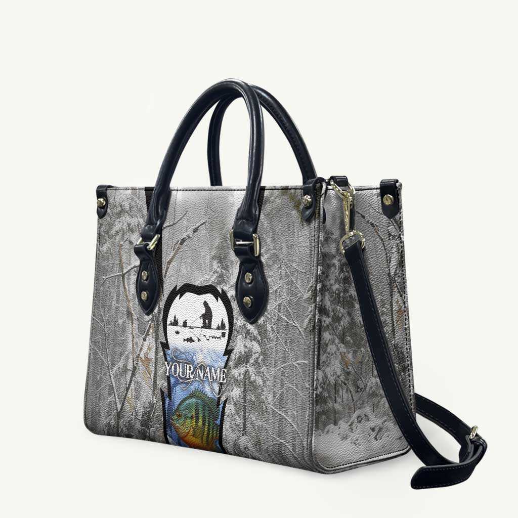 Custom Bluegill Ice Fishing Winter Camo Leather Bag with Snowy Forest Background Colorful Fish - Wonder Print Shop