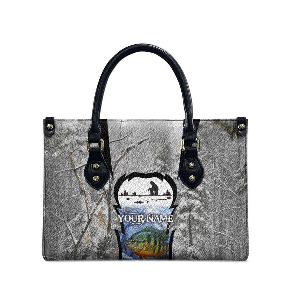 Custom Bluegill Ice Fishing Winter Camo Leather Bag with Snowy Forest Background Colorful Fish - Wonder Print Shop