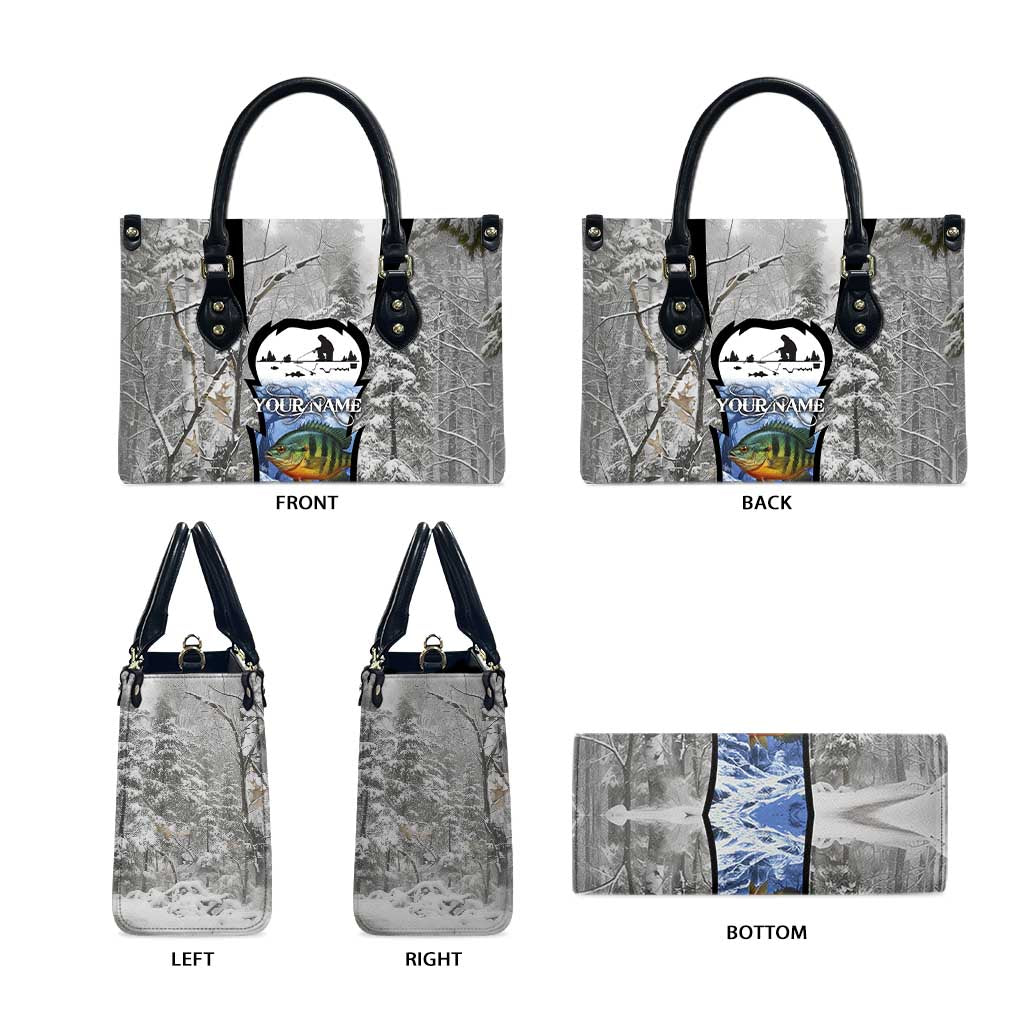 Custom Bluegill Ice Fishing Winter Camo Leather Bag with Snowy Forest Background Colorful Fish - Wonder Print Shop