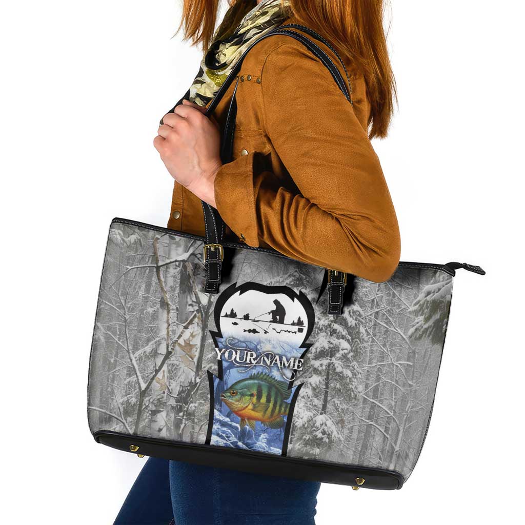Custom Bluegill Ice Fishing Winter Camo Leather Tote Bag with Snowy Forest Background Colorful Fish - Wonder Print Shop