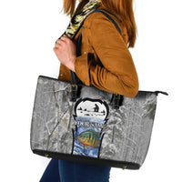 Custom Bluegill Ice Fishing Winter Camo Leather Tote Bag with Snowy Forest Background Colorful Fish - Wonder Print Shop