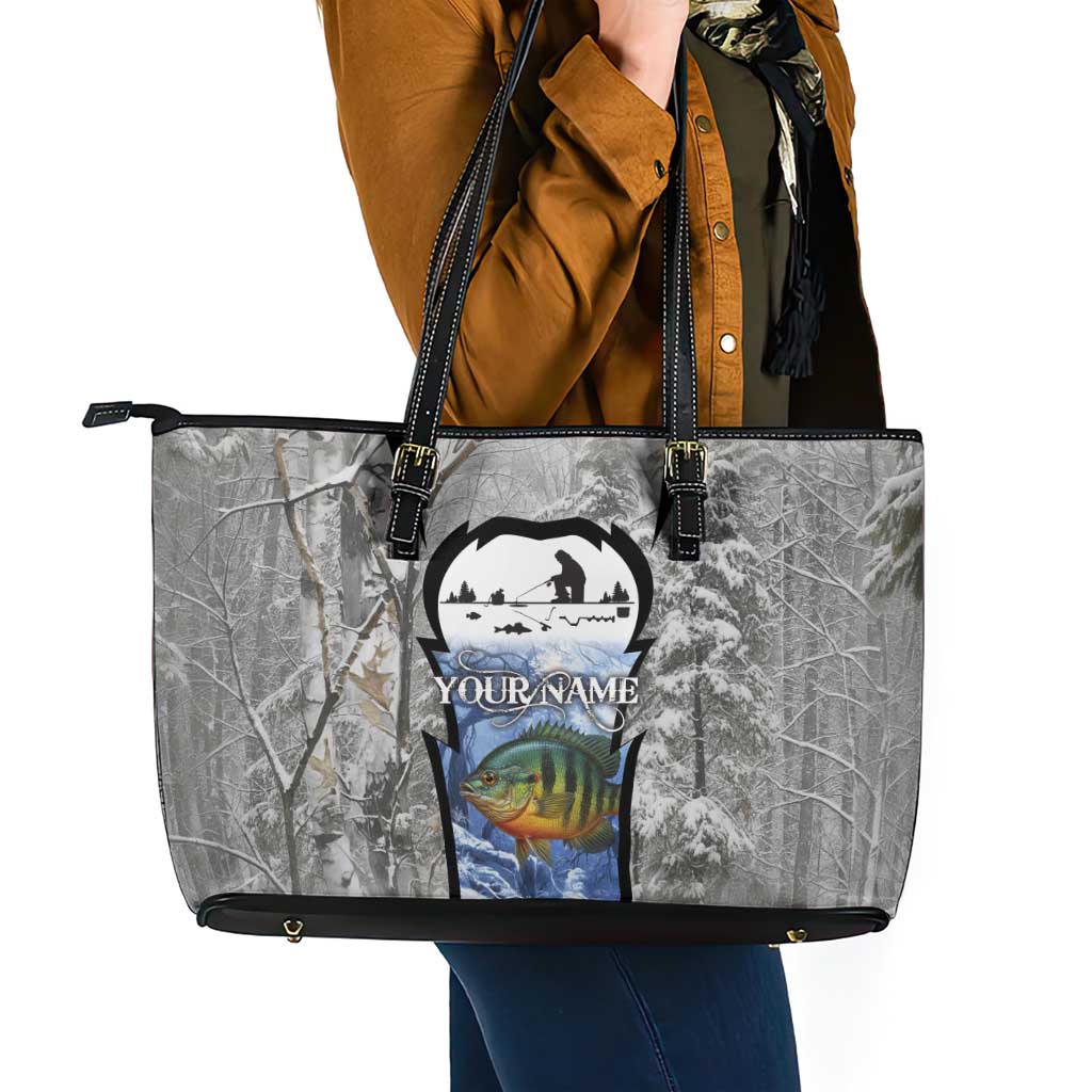 Custom Bluegill Ice Fishing Winter Camo Leather Tote Bag with Snowy Forest Background Colorful Fish - Wonder Print Shop
