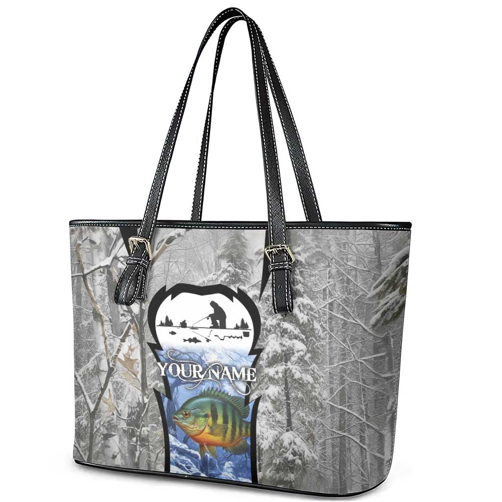 Custom Bluegill Ice Fishing Winter Camo Leather Tote Bag with Snowy Forest Background Colorful Fish - Wonder Print Shop