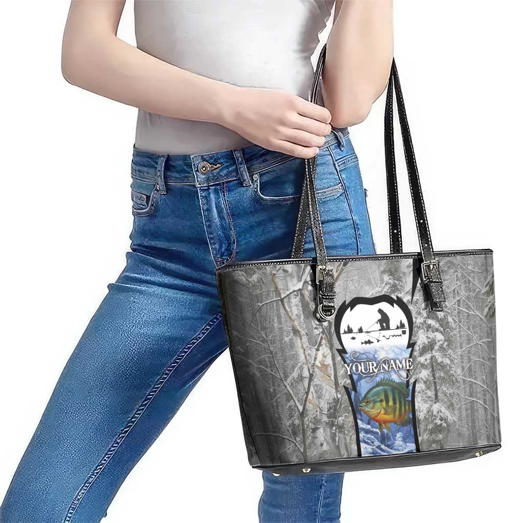 Custom Bluegill Ice Fishing Winter Camo Leather Tote Bag with Snowy Forest Background Colorful Fish - Wonder Print Shop