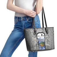 Custom Bluegill Ice Fishing Winter Camo Leather Tote Bag with Snowy Forest Background Colorful Fish - Wonder Print Shop