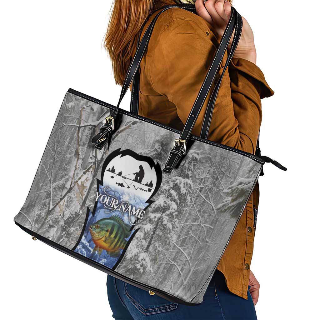 Custom Bluegill Ice Fishing Winter Camo Leather Tote Bag with Snowy Forest Background Colorful Fish - Wonder Print Shop