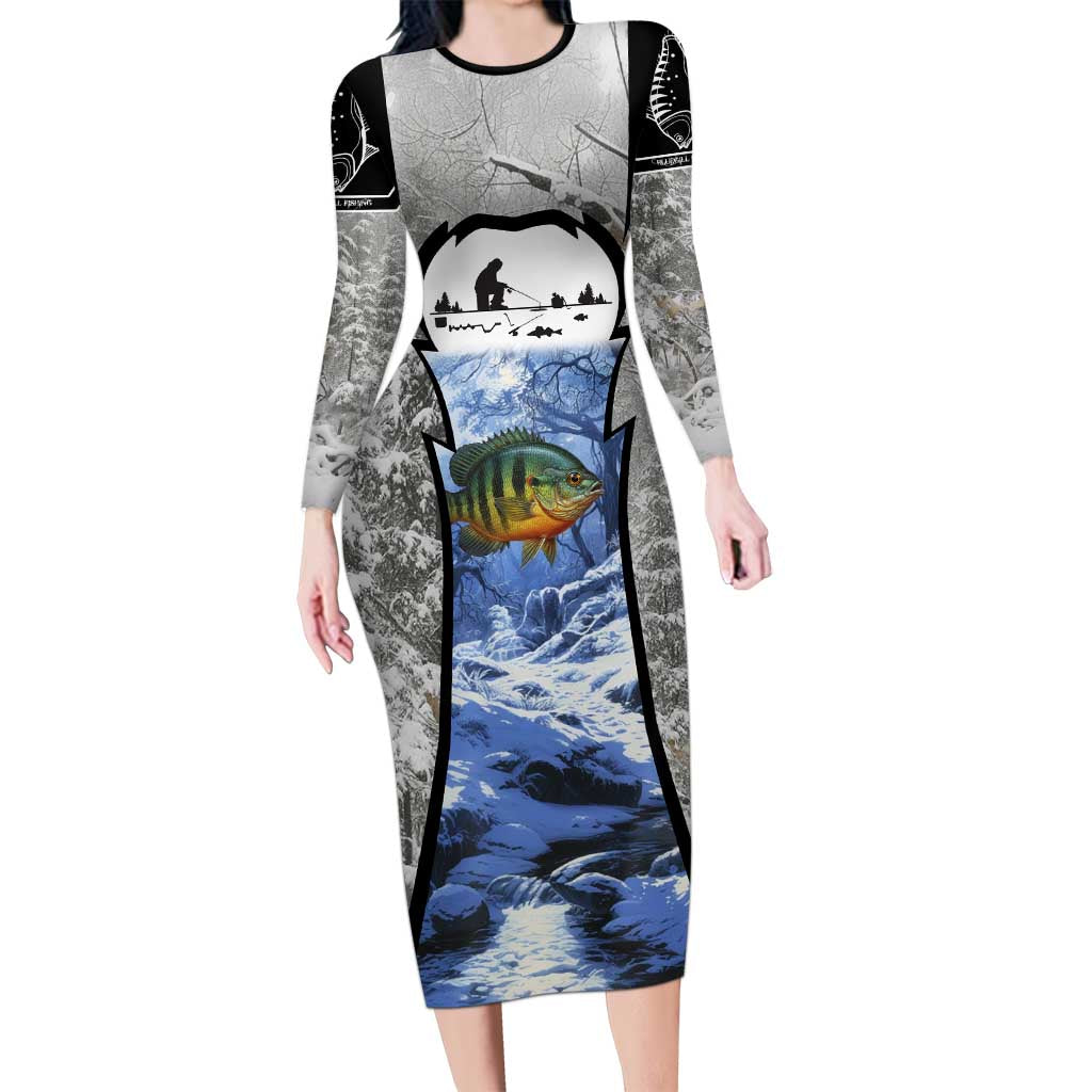 Custom Bluegill Ice Fishing Winter Camo Long Sleeve Bodycon Dress with Snowy Forest Background Colorful Fish - Wonder Print Shop