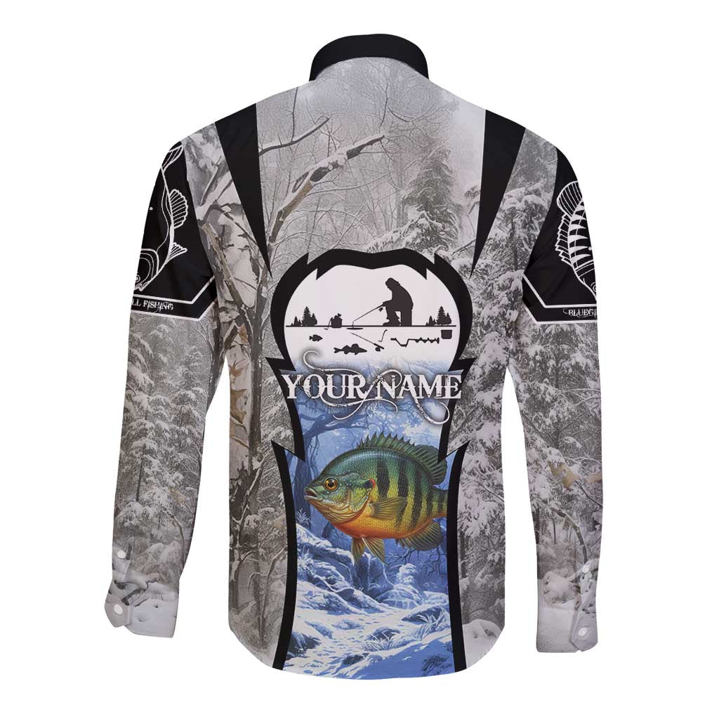 Custom Bluegill Ice Fishing Winter Camo Long Sleeve Button Shirt with Snowy Forest Background Colorful Fish - Wonder Print Shop