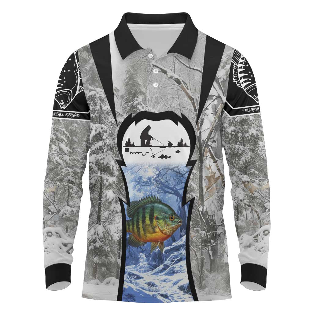 Custom Bluegill Ice Fishing Winter Camo Long Sleeve Polo Shirt with Snowy Forest Background Colorful Fish - Wonder Print Shop