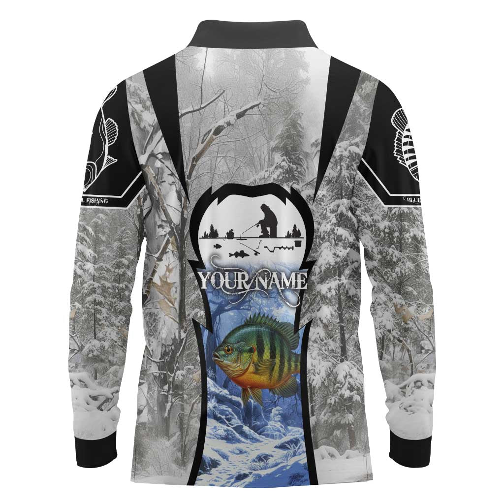 Custom Bluegill Ice Fishing Winter Camo Long Sleeve Polo Shirt with Snowy Forest Background Colorful Fish - Wonder Print Shop