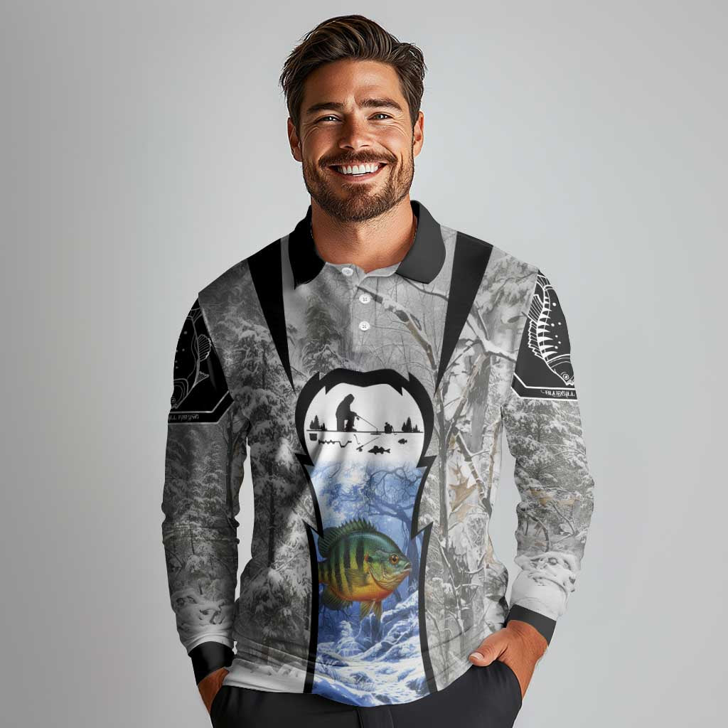 Custom Bluegill Ice Fishing Winter Camo Long Sleeve Polo Shirt with Snowy Forest Background Colorful Fish - Wonder Print Shop