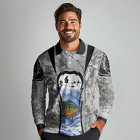 Custom Bluegill Ice Fishing Winter Camo Long Sleeve Polo Shirt with Snowy Forest Background Colorful Fish - Wonder Print Shop