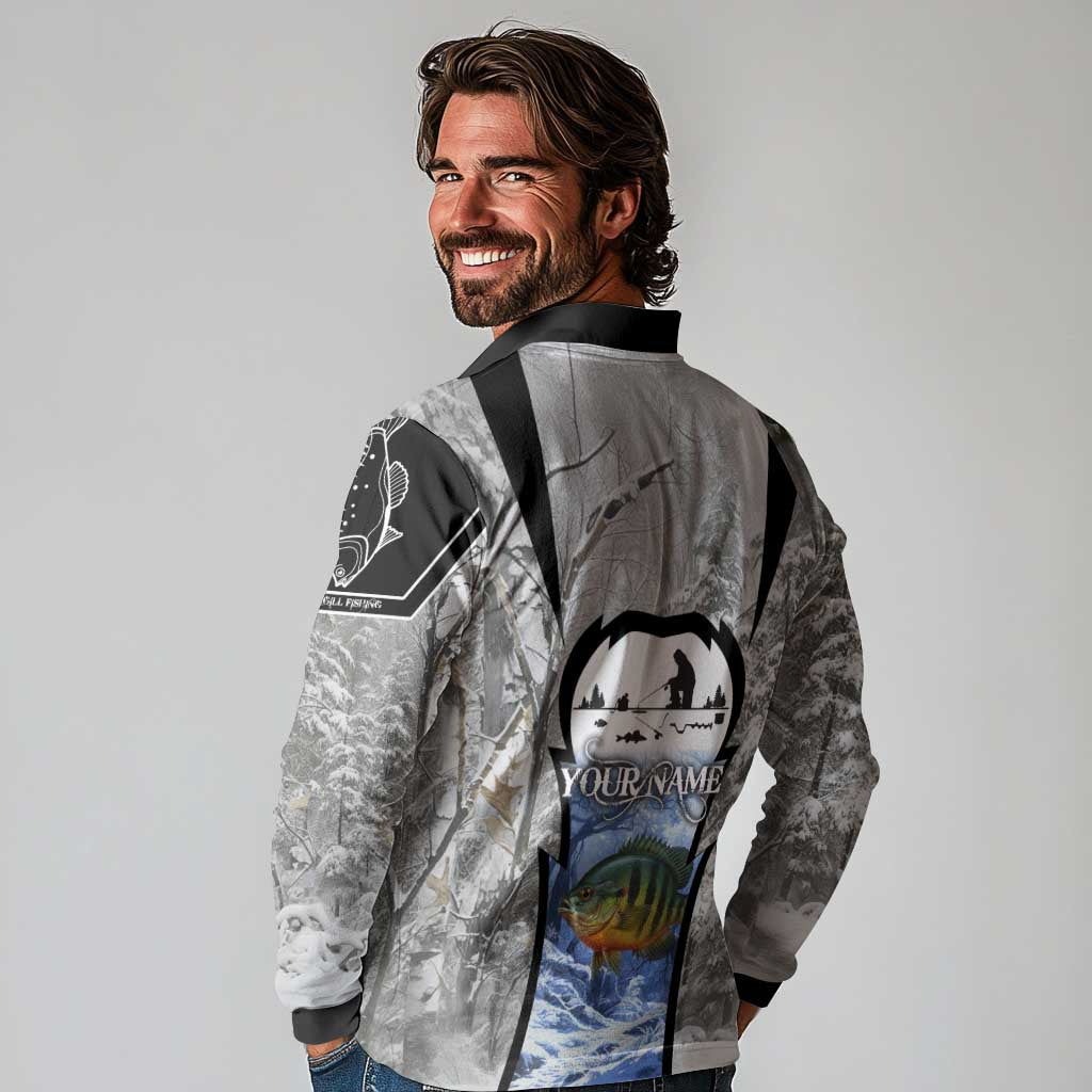 Custom Bluegill Ice Fishing Winter Camo Long Sleeve Polo Shirt with Snowy Forest Background Colorful Fish - Wonder Print Shop