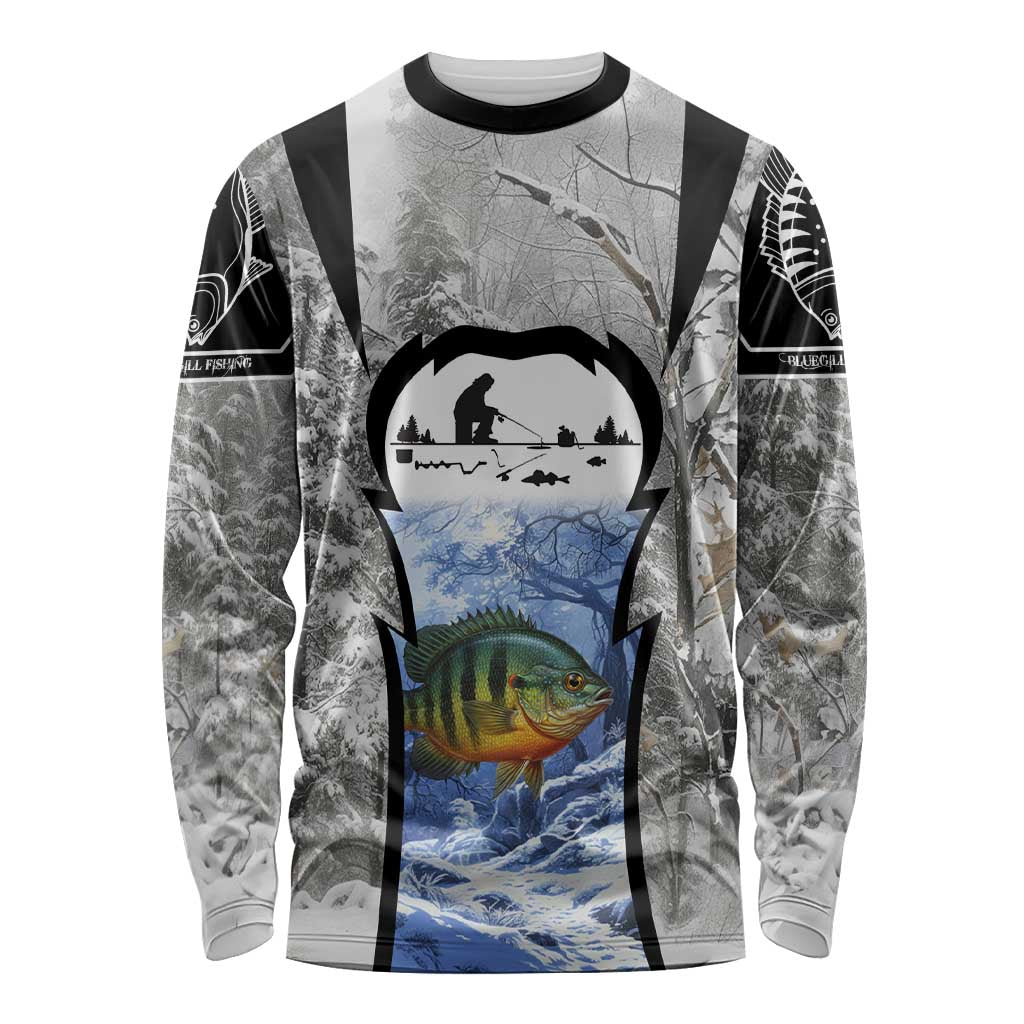 Custom Bluegill Ice Fishing Winter Camo Long Sleeve Shirt with Snowy Forest Background Colorful Fish - Wonder Print Shop