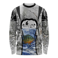 Custom Bluegill Ice Fishing Winter Camo Long Sleeve Shirt with Snowy Forest Background Colorful Fish - Wonder Print Shop