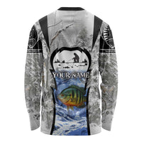 Custom Bluegill Ice Fishing Winter Camo Long Sleeve Shirt with Snowy Forest Background Colorful Fish - Wonder Print Shop