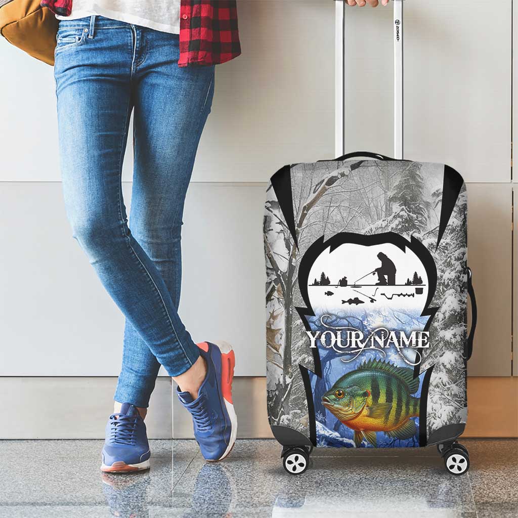 Custom Bluegill Ice Fishing Winter Camo Luggage Cover with Snowy Forest Background Colorful Fish - Wonder Print Shop