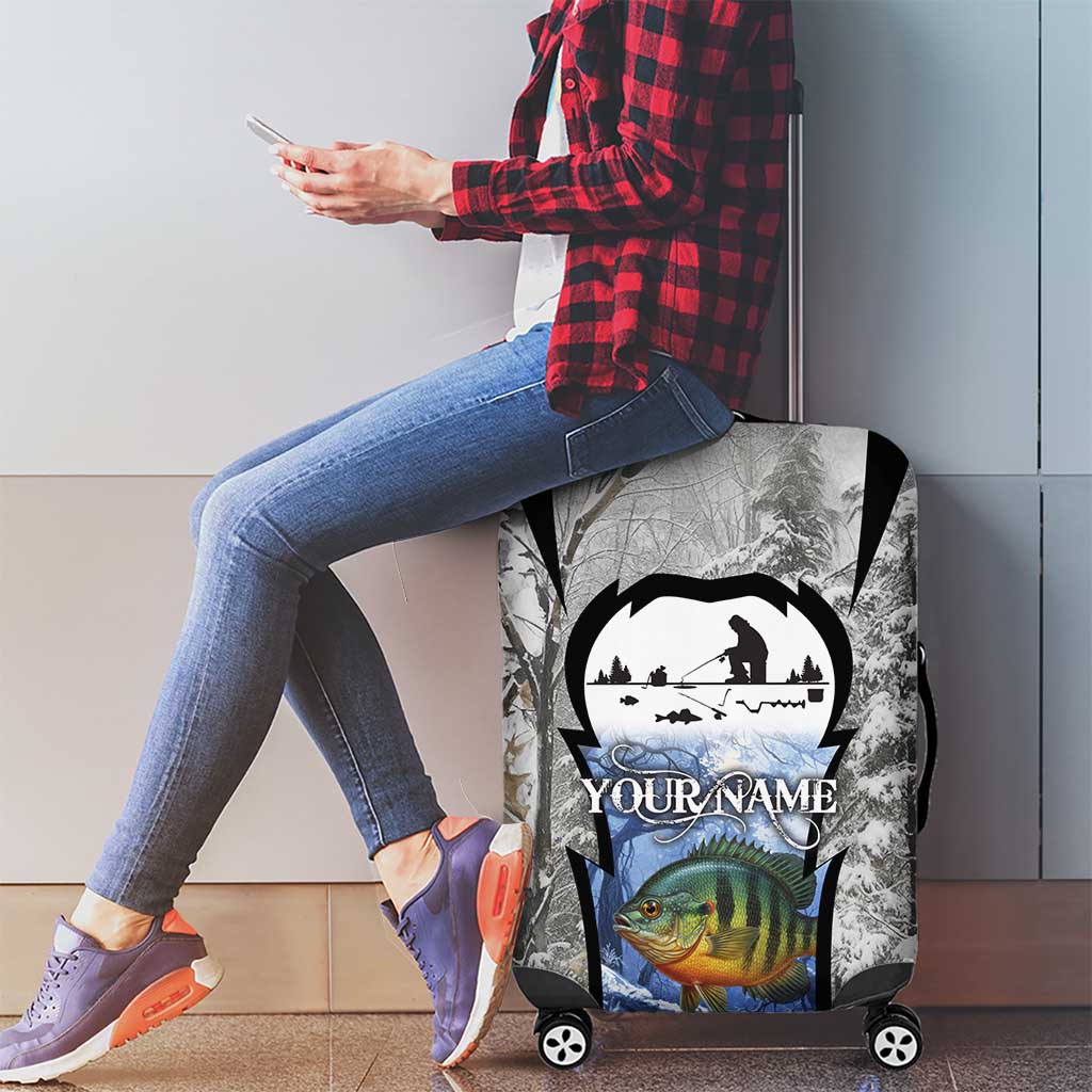 Custom Bluegill Ice Fishing Winter Camo Luggage Cover with Snowy Forest Background Colorful Fish - Wonder Print Shop
