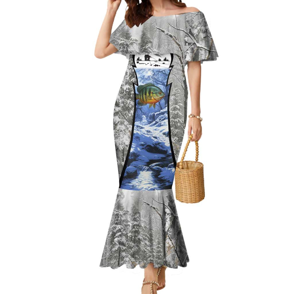 Custom Bluegill Ice Fishing Winter Camo Mermaid Dress with Snowy Forest Background Colorful Fish - Wonder Print Shop