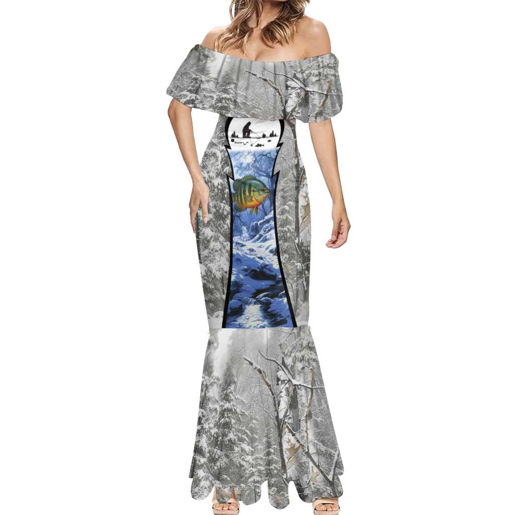 Custom Bluegill Ice Fishing Winter Camo Mermaid Dress with Snowy Forest Background Colorful Fish - Wonder Print Shop