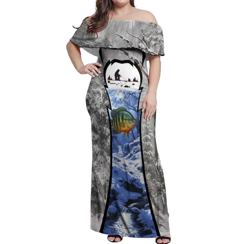Custom Bluegill Ice Fishing Winter Camo Off Shoulder Maxi Dress with Snowy Forest Background Colorful Fish - Wonder Print Shop