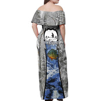 Custom Bluegill Ice Fishing Winter Camo Off Shoulder Maxi Dress with Snowy Forest Background Colorful Fish - Wonder Print Shop