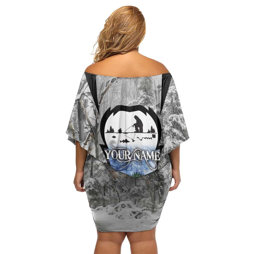 Custom Bluegill Ice Fishing Winter Camo Off Shoulder Short Dress with Snowy Forest Background Colorful Fish - Wonder Print Shop