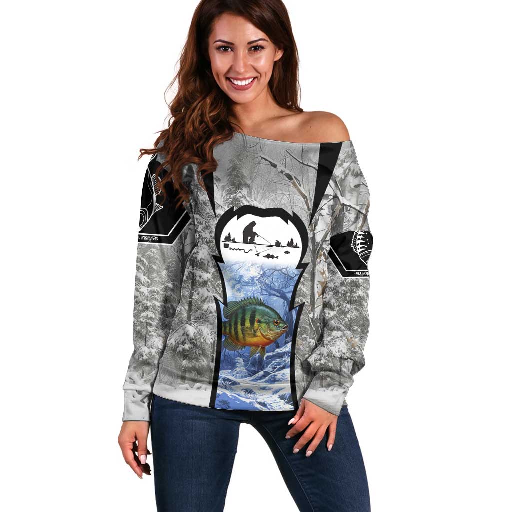 Custom Bluegill Ice Fishing Winter Camo Off Shoulder Sweater with Snowy Forest Background Colorful Fish - Wonder Print Shop