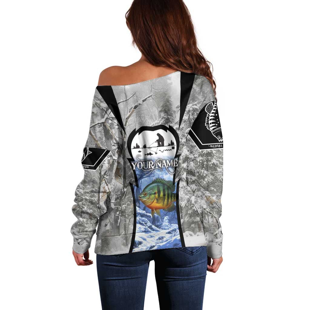 Custom Bluegill Ice Fishing Winter Camo Off Shoulder Sweater with Snowy Forest Background Colorful Fish - Wonder Print Shop