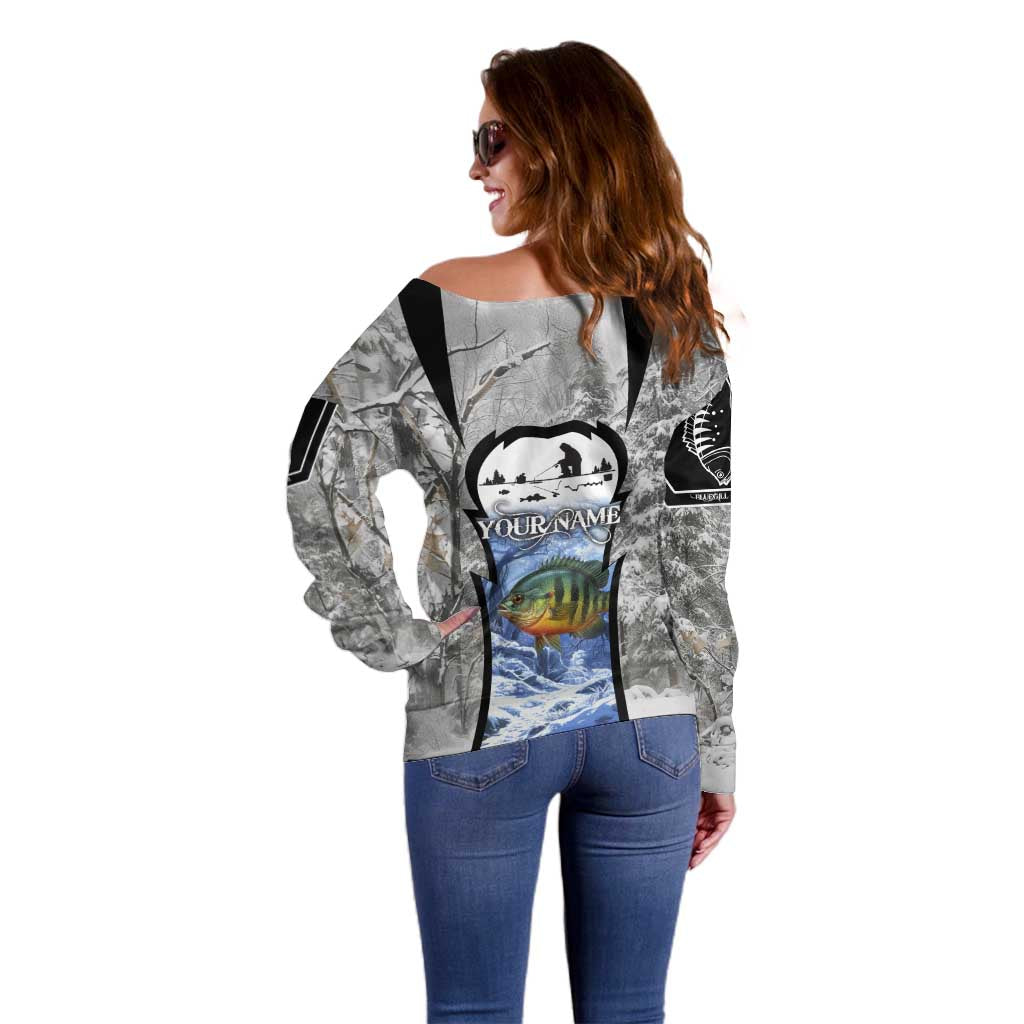 Custom Bluegill Ice Fishing Winter Camo Off Shoulder Sweater with Snowy Forest Background Colorful Fish - Wonder Print Shop