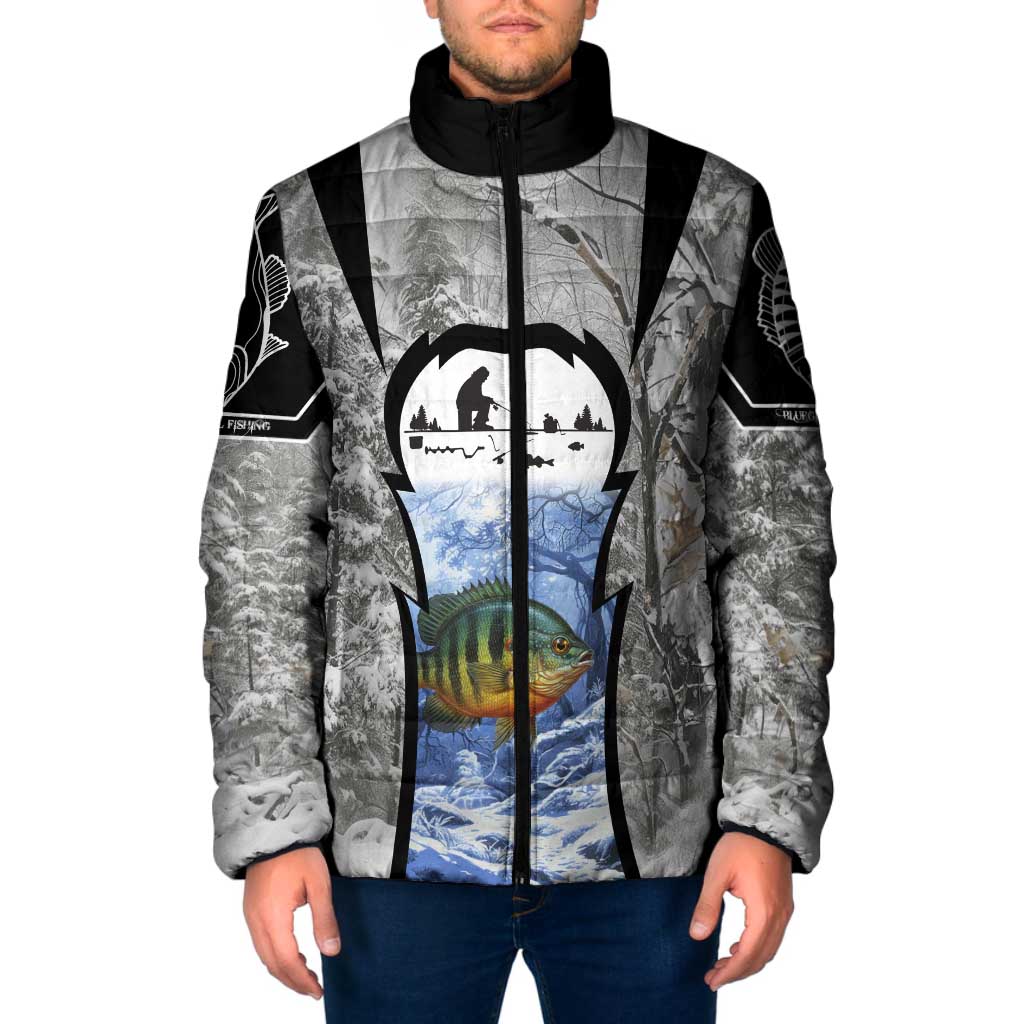 Custom Bluegill Ice Fishing Winter Camo Padded Jacket with Snowy Forest Background Colorful Fish - Wonder Print Shop