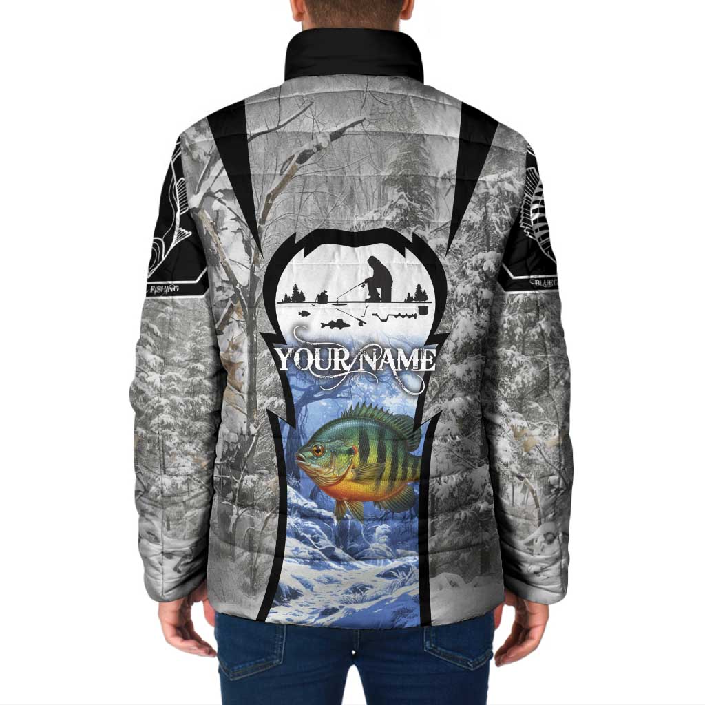 Custom Bluegill Ice Fishing Winter Camo Padded Jacket with Snowy Forest Background Colorful Fish - Wonder Print Shop