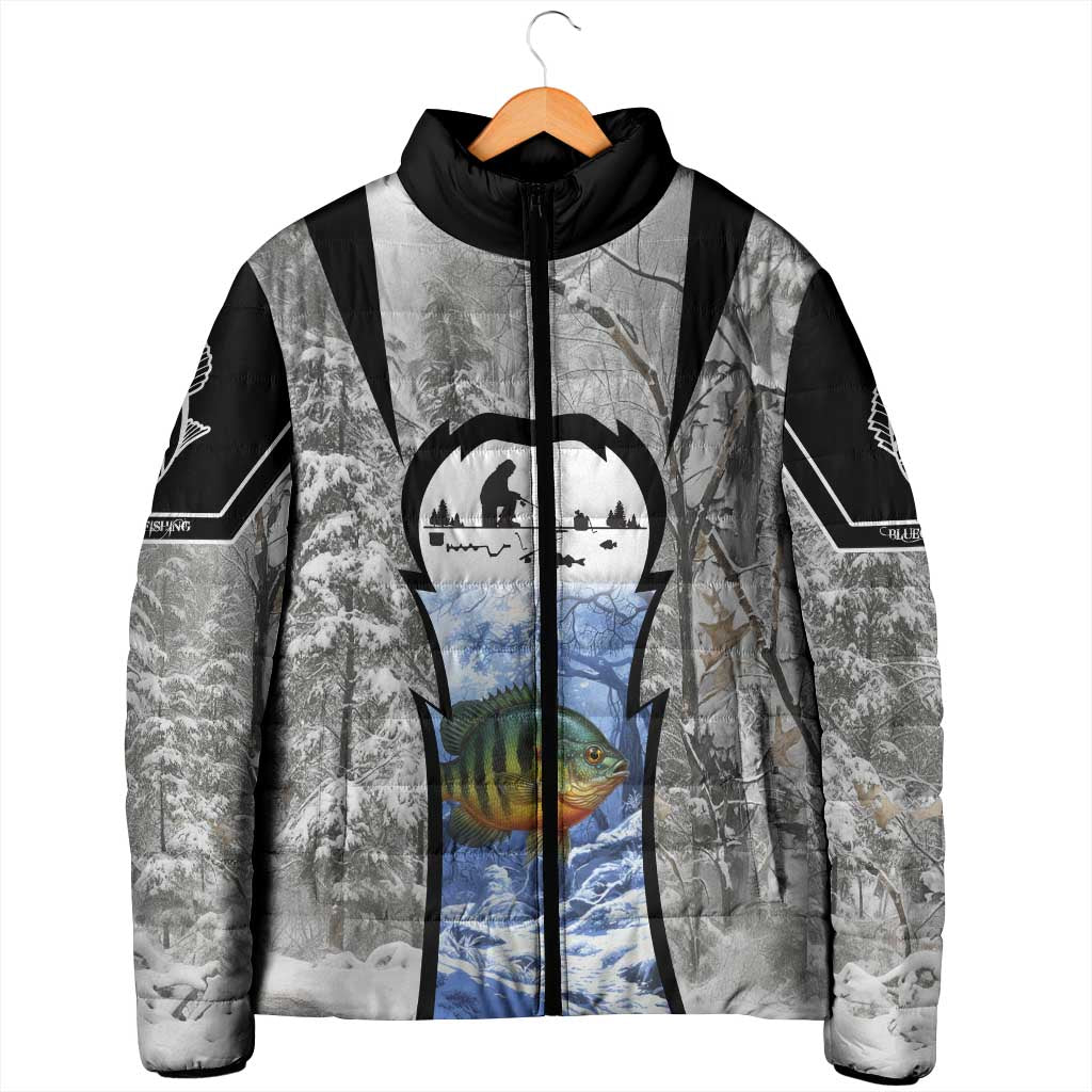 Custom Bluegill Ice Fishing Winter Camo Padded Jacket with Snowy Forest Background Colorful Fish - Wonder Print Shop