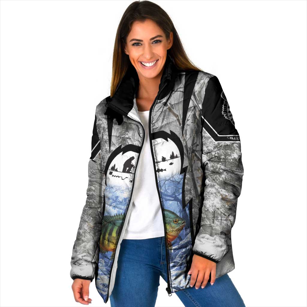 Custom Bluegill Ice Fishing Winter Camo Padded Jacket with Snowy Forest Background Colorful Fish - Wonder Print Shop