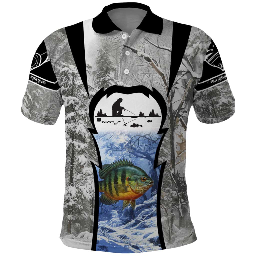 Custom Bluegill Ice Fishing Winter Camo Polo Shirt with Snowy Forest Background Colorful Fish - Wonder Print Shop