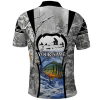 Custom Bluegill Ice Fishing Winter Camo Polo Shirt with Snowy Forest Background Colorful Fish - Wonder Print Shop