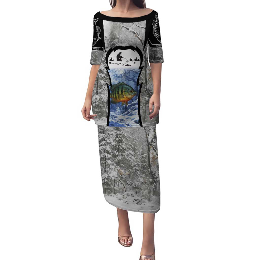 Custom Bluegill Ice Fishing Winter Camo Puletasi with Snowy Forest Background Colorful Fish - Wonder Print Shop