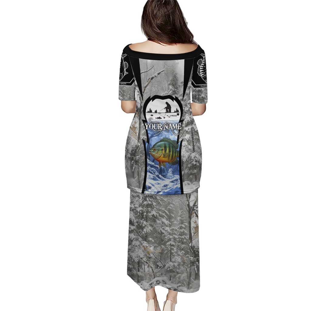 Custom Bluegill Ice Fishing Winter Camo Puletasi with Snowy Forest Background Colorful Fish - Wonder Print Shop