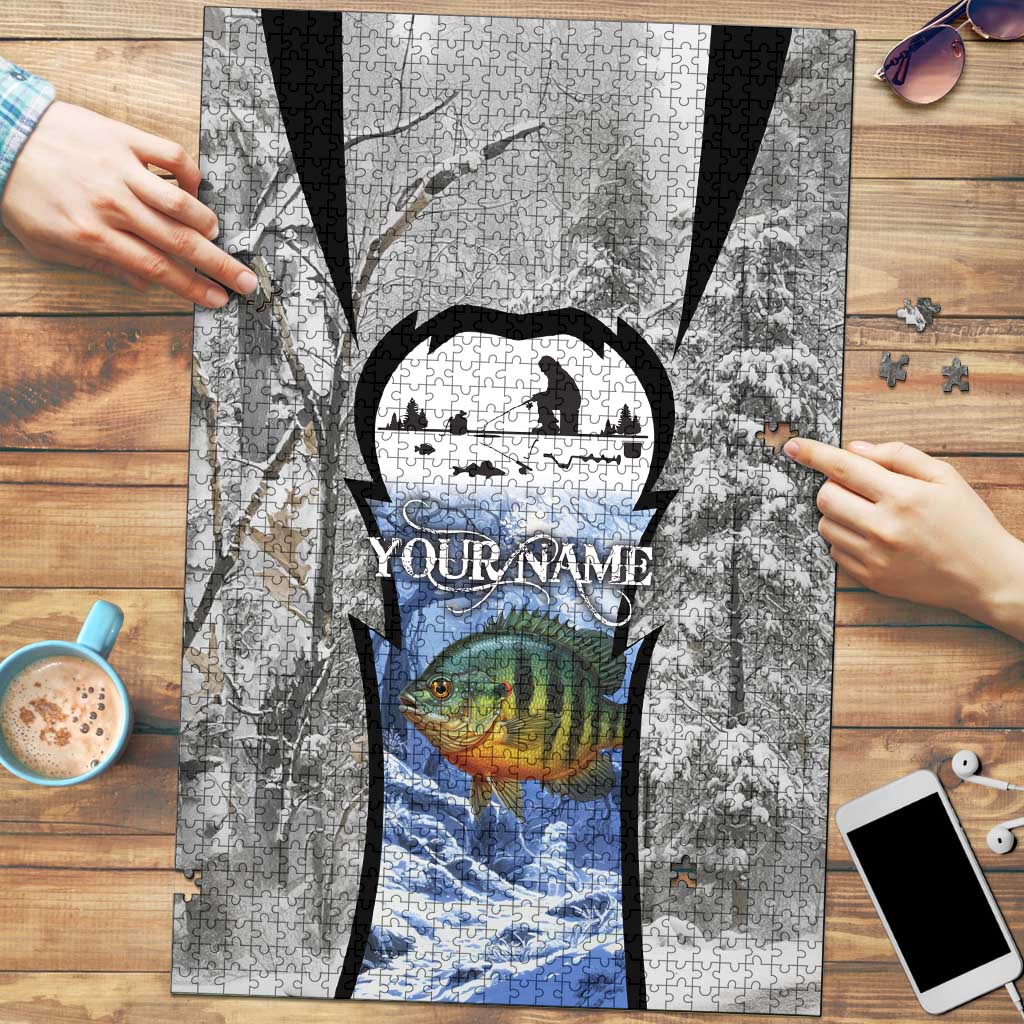 Custom Bluegill Ice Fishing Winter Camo Puzzle with Snowy Forest Background Colorful Fish - Wonder Print Shop