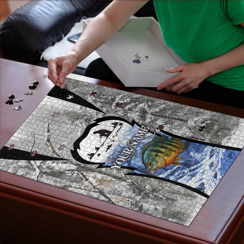 Custom Bluegill Ice Fishing Winter Camo Puzzle with Snowy Forest Background Colorful Fish - Wonder Print Shop