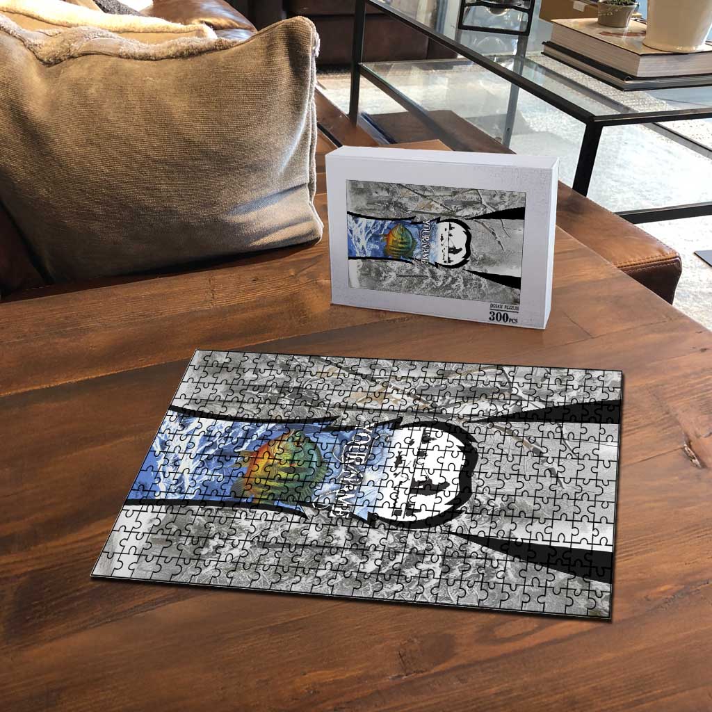 Custom Bluegill Ice Fishing Winter Camo Puzzle with Snowy Forest Background Colorful Fish - Wonder Print Shop