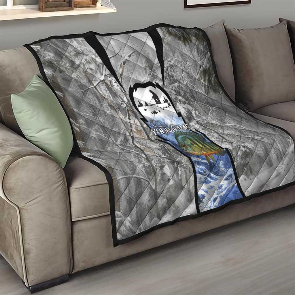 Custom Bluegill Ice Fishing Winter Camo Quilt with Snowy Forest Background Colorful Fish - Wonder Print Shop