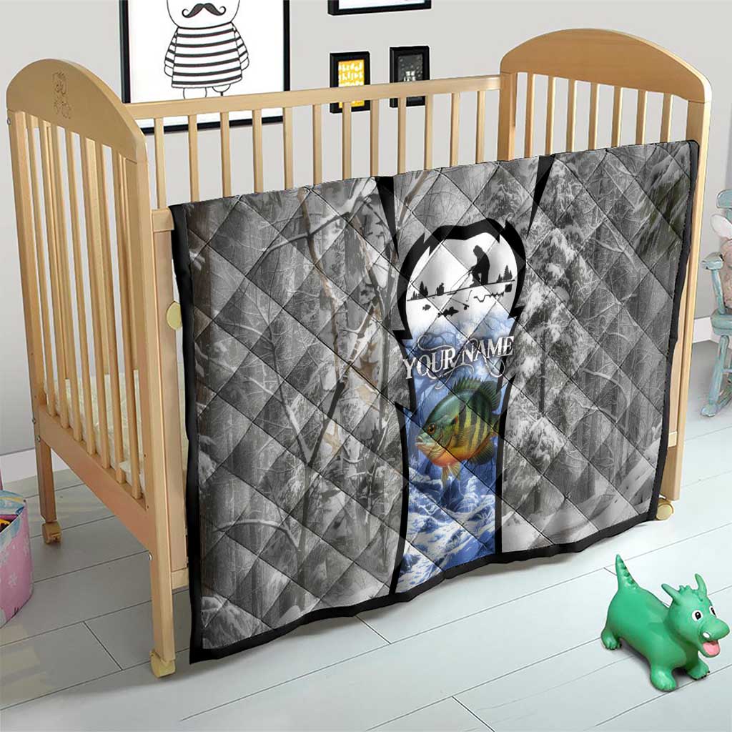 Custom Bluegill Ice Fishing Winter Camo Quilt with Snowy Forest Background Colorful Fish - Wonder Print Shop