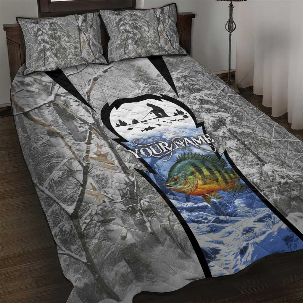 Custom Bluegill Ice Fishing Winter Camo Quilt Bed Set with Snowy Forest Background Colorful Fish - Wonder Print Shop