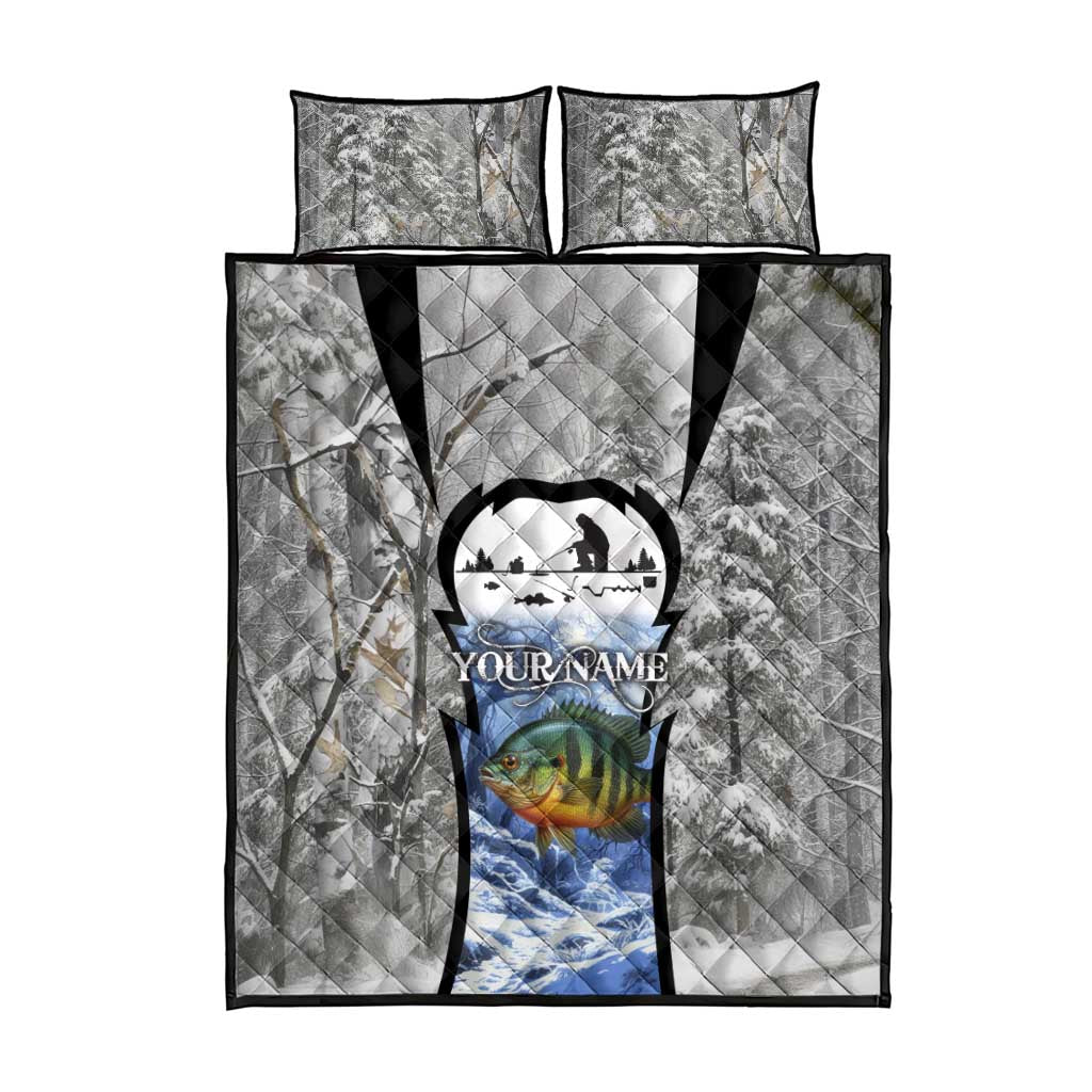 Custom Bluegill Ice Fishing Winter Camo Quilt Bed Set with Snowy Forest Background Colorful Fish - Wonder Print Shop