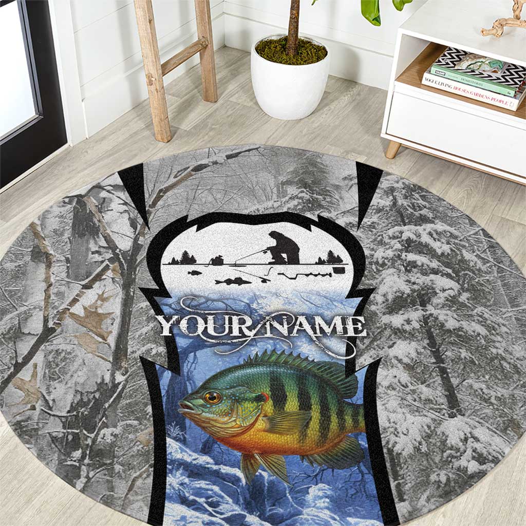 Custom Bluegill Ice Fishing Winter Camo Round Carpet with Snowy Forest Background Colorful Fish - Wonder Print Shop