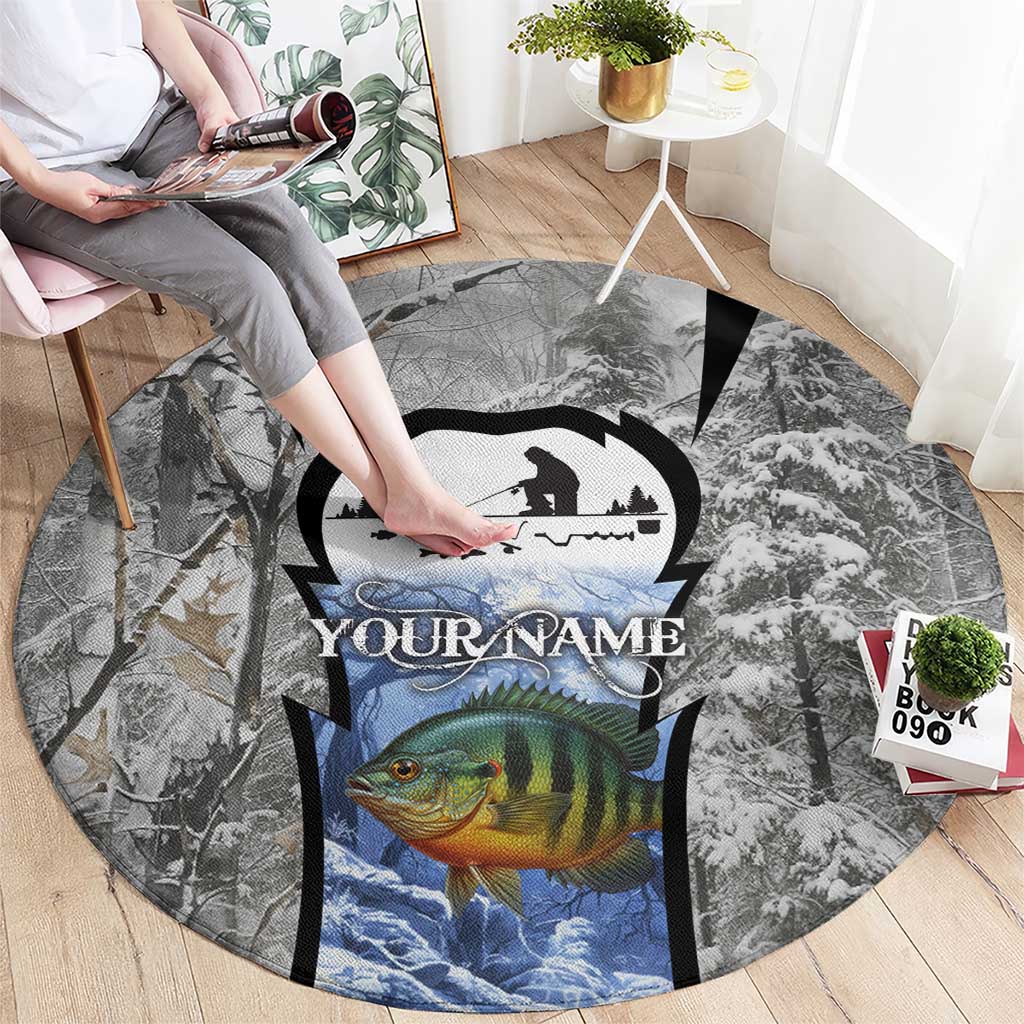 Custom Bluegill Ice Fishing Winter Camo Round Carpet with Snowy Forest Background Colorful Fish - Wonder Print Shop