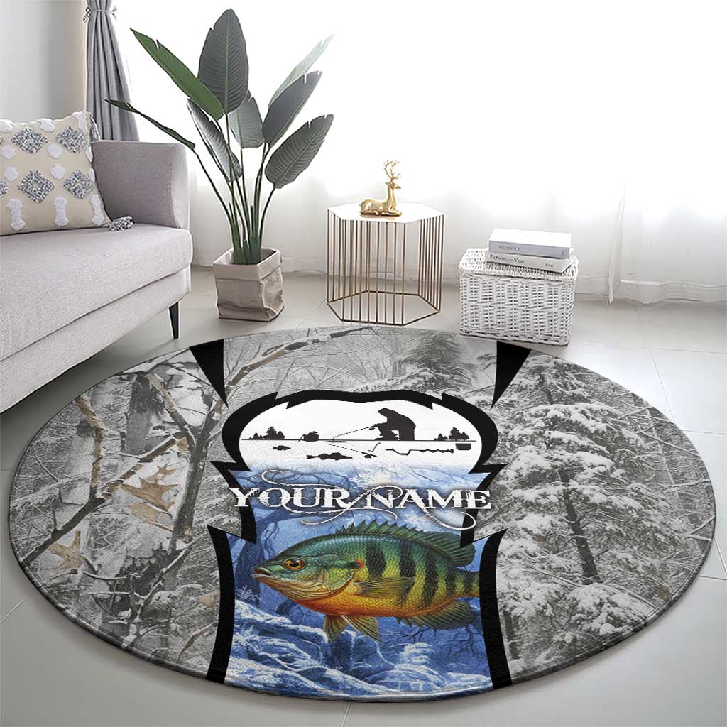 Custom Bluegill Ice Fishing Winter Camo Round Carpet with Snowy Forest Background Colorful Fish - Wonder Print Shop