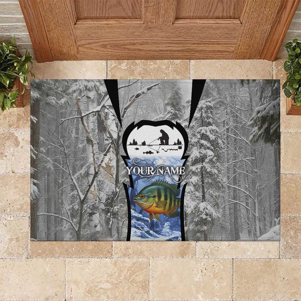 Custom Bluegill Ice Fishing Winter Camo Rubber Doormat with Snowy Forest Background Colorful Fish - Wonder Print Shop