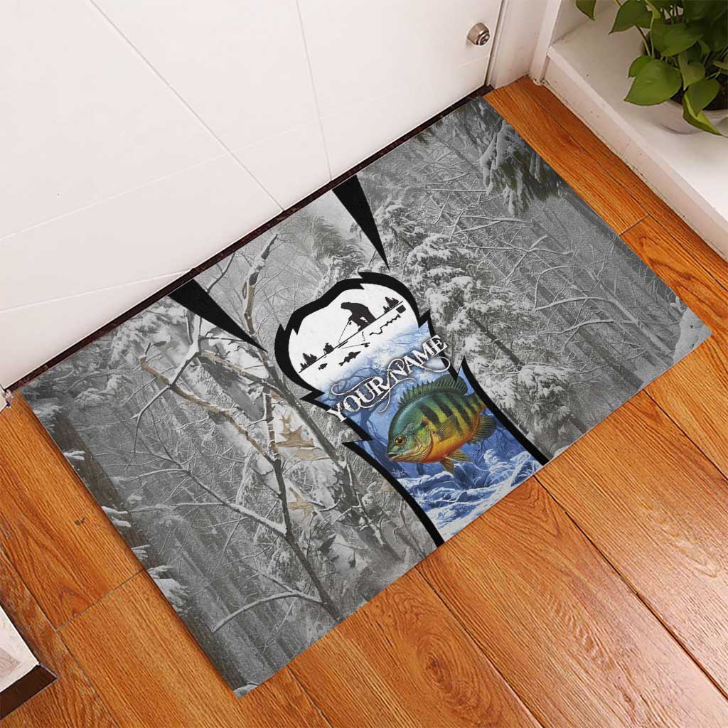 Custom Bluegill Ice Fishing Winter Camo Rubber Doormat with Snowy Forest Background Colorful Fish - Wonder Print Shop
